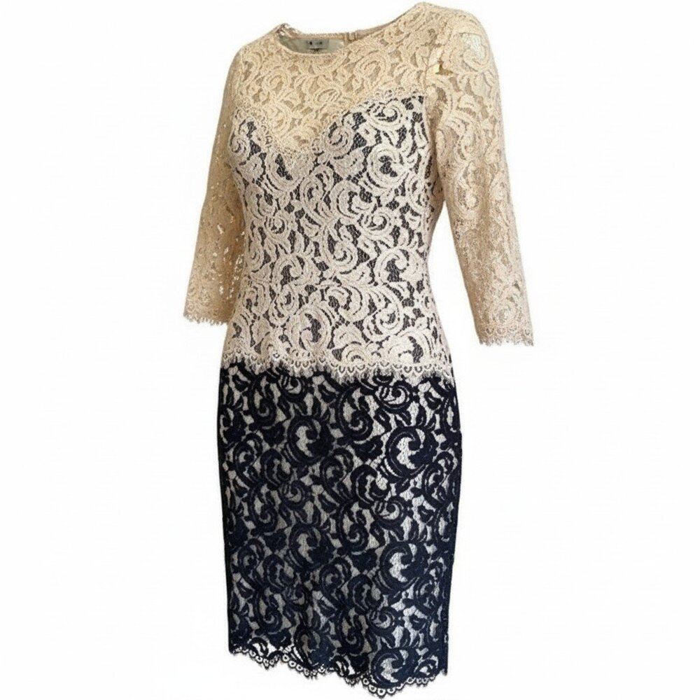 Tadashi Shoji 12P Petite Lace Midi Dress Navy Cream Wedding Guest